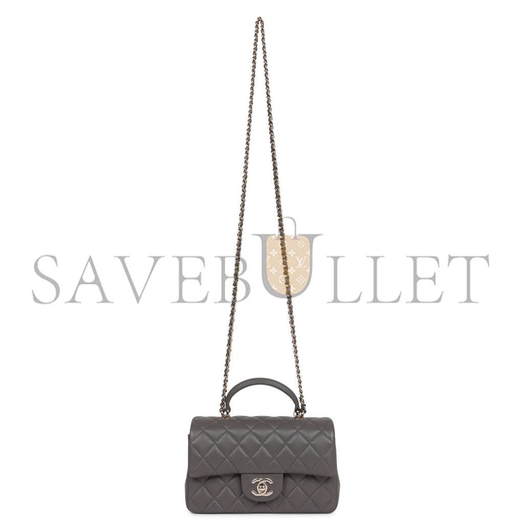 CHANEL MINI RECTANGULAR FLAP BAG WITH TOP HANDLE DARK GREY LAMBSKIN LIGHT GOLD HARDWARE (22*15*8cm) CHANEL MINI RECTANGULAR FLAP BAG WITH TOP HANDLE DARK GREY LAMBSKIN LIGHT GOLD HARDWARE (22*15*8cm)
