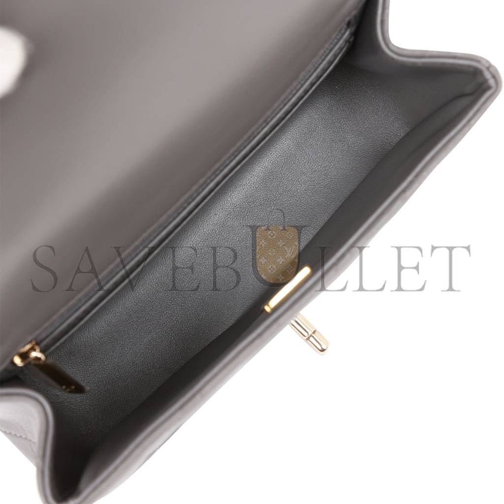 CHANEL MINI RECTANGULAR FLAP BAG WITH TOP HANDLE DARK GREY LAMBSKIN LIGHT GOLD HARDWARE (22*15*8cm) CHANEL MINI RECTANGULAR FLAP BAG WITH TOP HANDLE DARK GREY LAMBSKIN LIGHT GOLD HARDWARE (22*15*8cm)