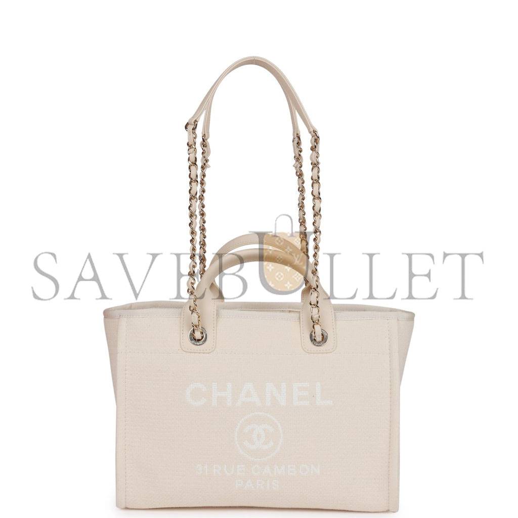 CHANEL SMALL DEAUVILLE SHOPPING BAG WHITE BOUCLE LIGHT GOLD HARDWARE (34*27*15cm) CHANEL SMALL DEAUVILLE SHOPPING BAG WHITE BOUCLE LIGHT GOLD HARDWARE (34*27*15cm)