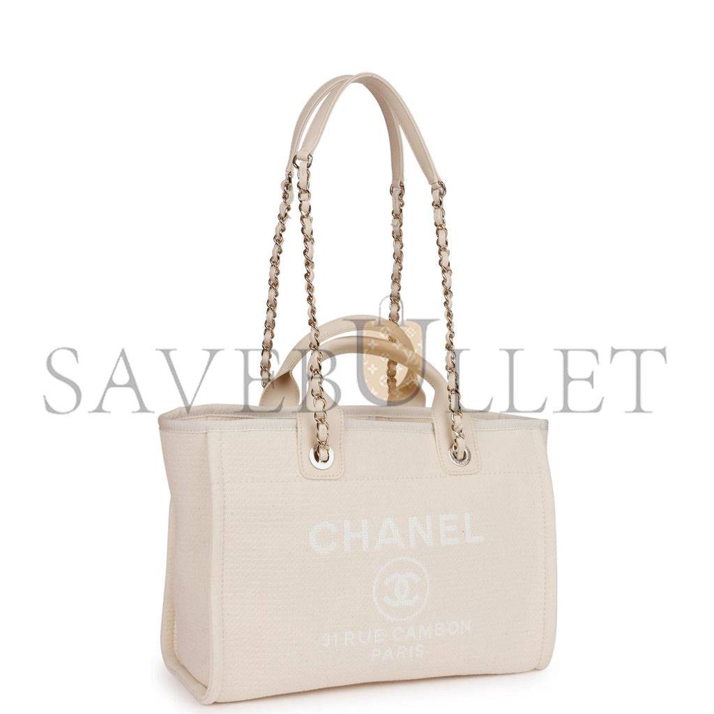 CHANEL SMALL DEAUVILLE SHOPPING BAG WHITE BOUCLE LIGHT GOLD HARDWARE (34*27*15cm) CHANEL SMALL DEAUVILLE SHOPPING BAG WHITE BOUCLE LIGHT GOLD HARDWARE (34*27*15cm)