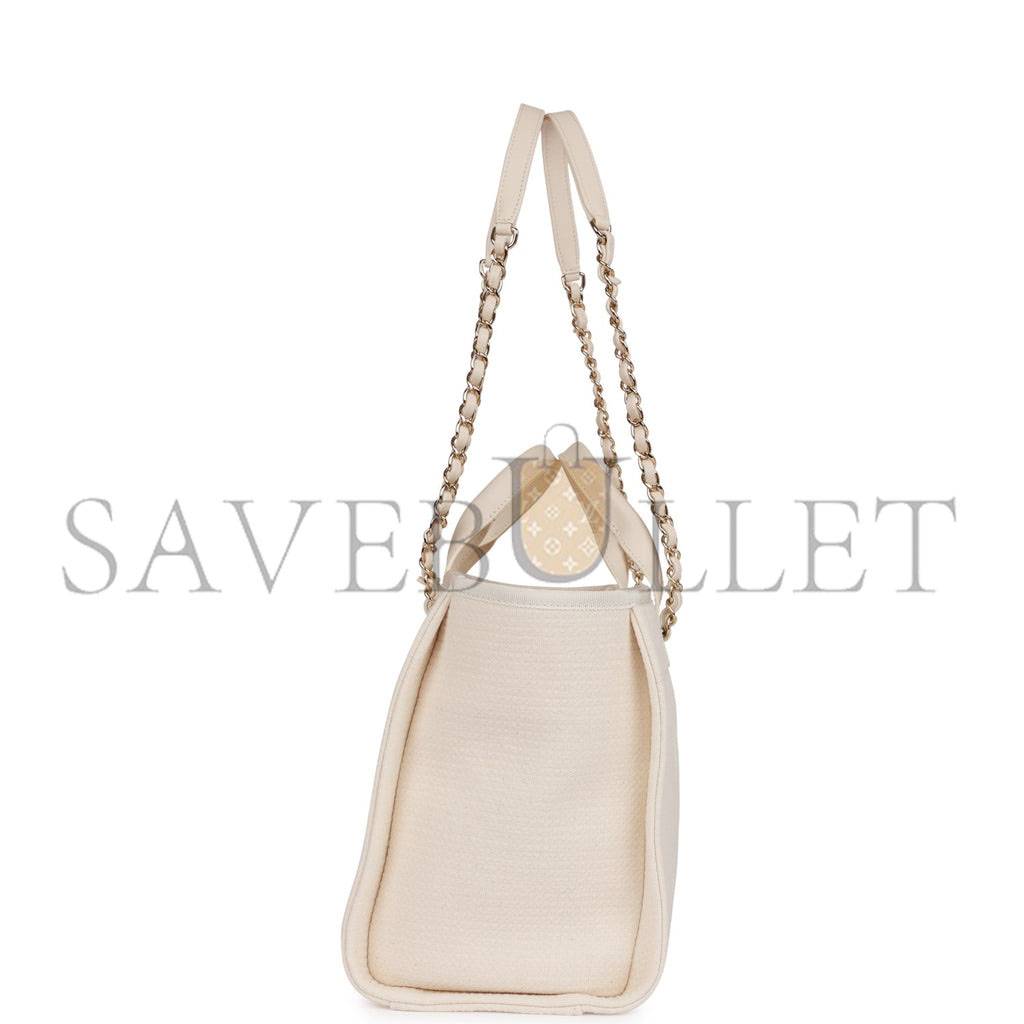 CHANEL SMALL DEAUVILLE SHOPPING BAG WHITE BOUCLE LIGHT GOLD HARDWARE (34*27*15cm) CHANEL SMALL DEAUVILLE SHOPPING BAG WHITE BOUCLE LIGHT GOLD HARDWARE (34*27*15cm)