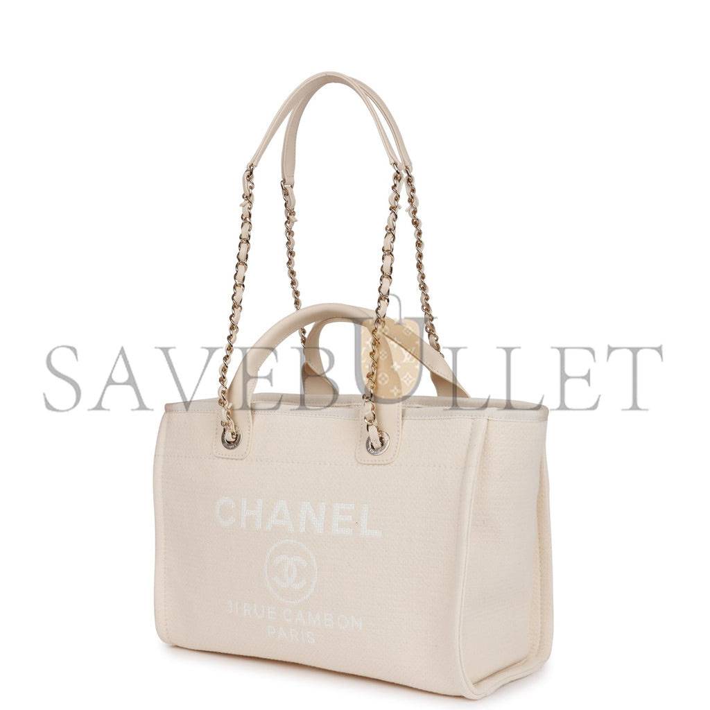 CHANEL SMALL DEAUVILLE SHOPPING BAG WHITE BOUCLE LIGHT GOLD HARDWARE (34*27*15cm) CHANEL SMALL DEAUVILLE SHOPPING BAG WHITE BOUCLE LIGHT GOLD HARDWARE (34*27*15cm)