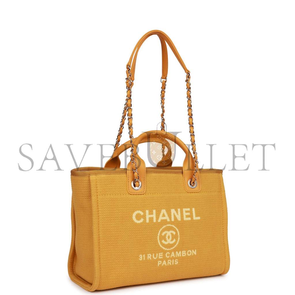 CHANEL SMALL DEAUVILLE SHOPPING BAG DARK YELLOW BOUCLE LIGHT GOLD HARDWARE (34*27*15cm) CHANEL SMALL DEAUVILLE SHOPPING BAG DARK YELLOW BOUCLE LIGHT GOLD HARDWARE (34*27*15cm)