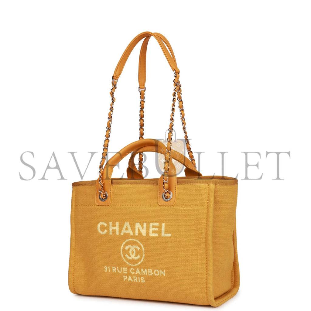 CHANEL SMALL DEAUVILLE SHOPPING BAG DARK YELLOW BOUCLE LIGHT GOLD HARDWARE (34*27*15cm) CHANEL SMALL DEAUVILLE SHOPPING BAG DARK YELLOW BOUCLE LIGHT GOLD HARDWARE (34*27*15cm)