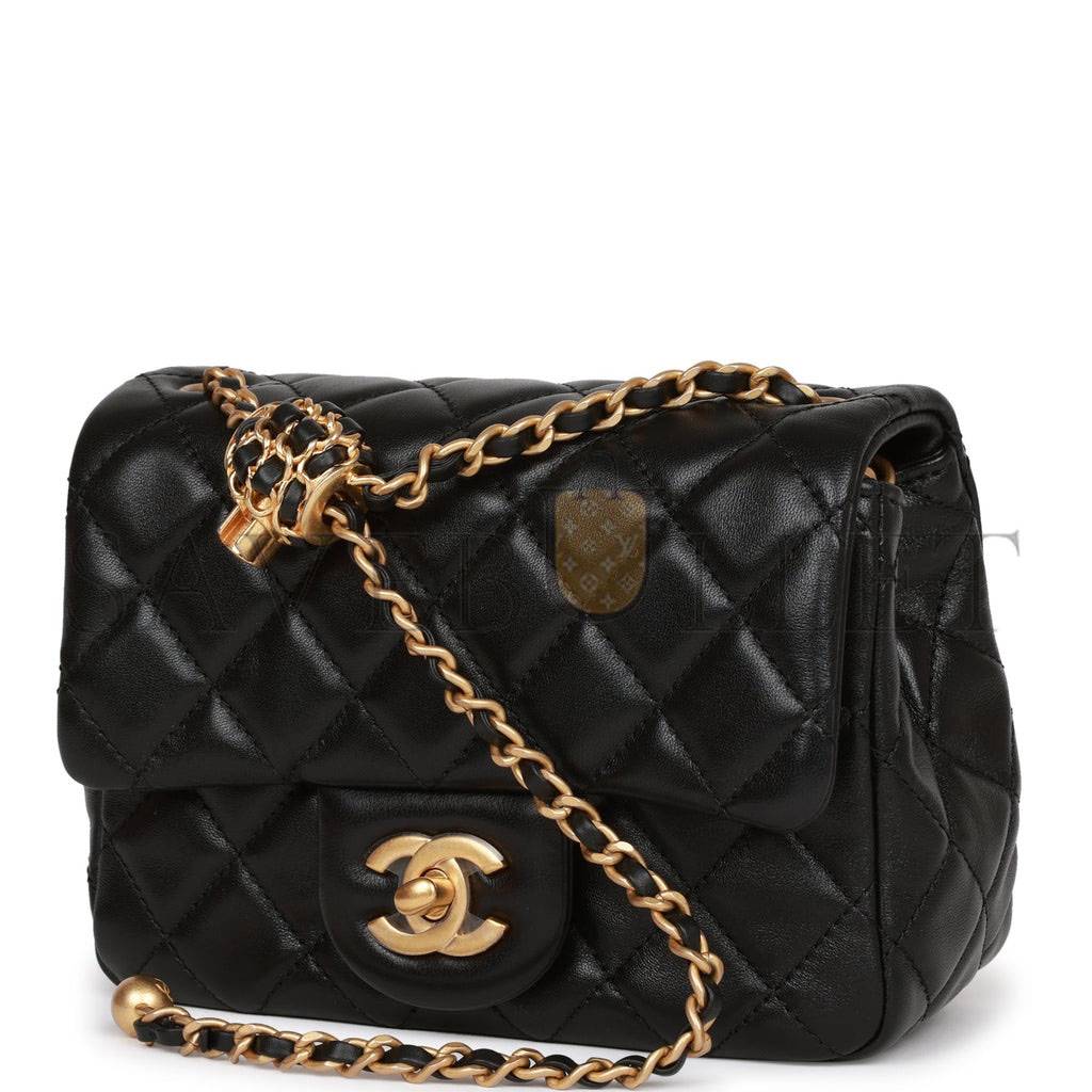 CHANEL PEARL CRUSH MINI SQUARE FLAP BAG BLACK LAMBSKIN ANTIQUE GOLD HARDWARE (17*14*8cm) CHANEL PEARL CRUSH MINI SQUARE FLAP BAG BLACK LAMBSKIN ANTIQUE GOLD HARDWARE (17*14*8cm)