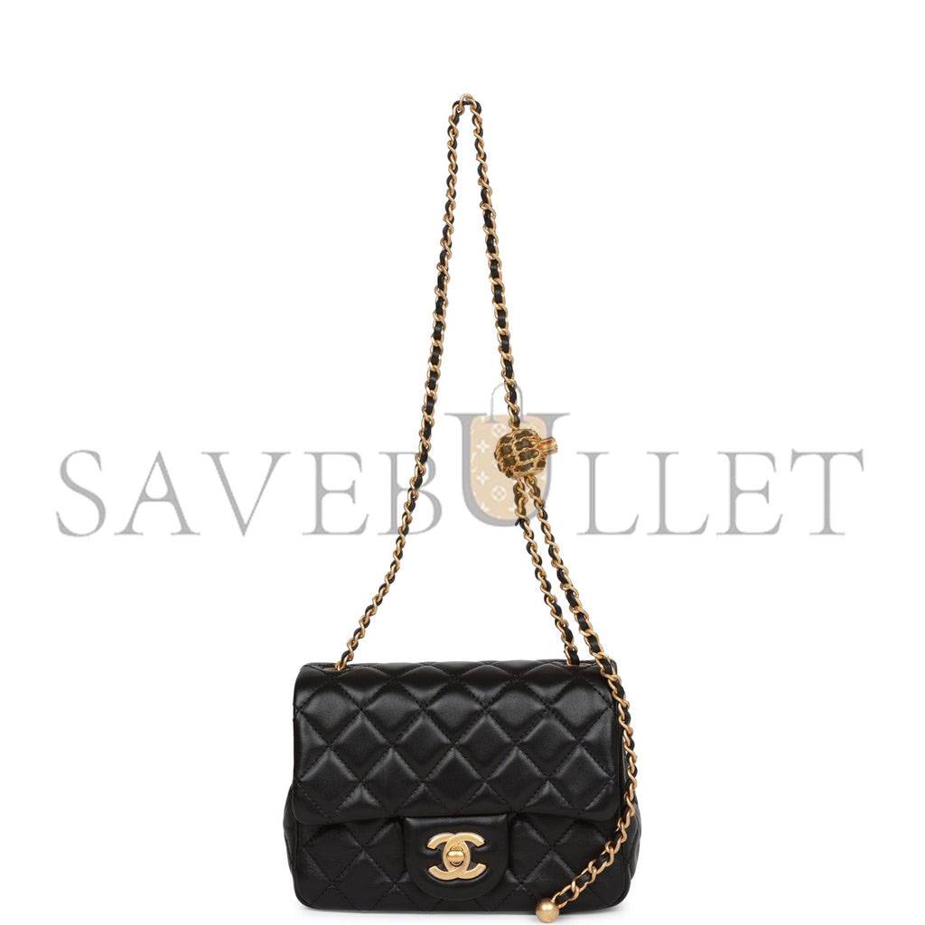 CHANEL PEARL CRUSH MINI SQUARE FLAP BAG BLACK LAMBSKIN ANTIQUE GOLD HARDWARE (17*14*8cm) CHANEL PEARL CRUSH MINI SQUARE FLAP BAG BLACK LAMBSKIN ANTIQUE GOLD HARDWARE (17*14*8cm)