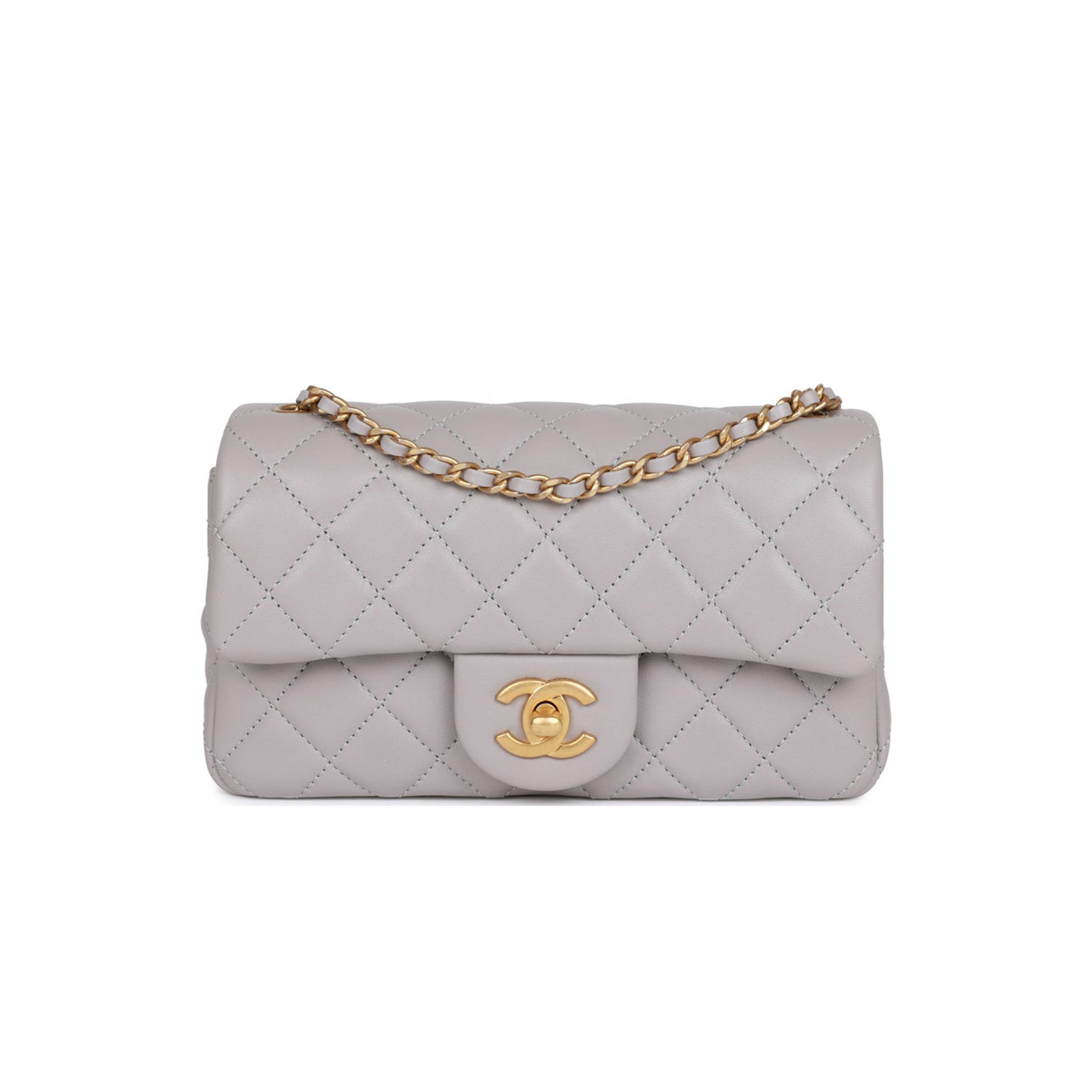 CHANEL PEARL CRUSH MINI RECTANGULAR FLAP BAG LIGHT GREY LAMBSKIN ANTIQUE GOLD HARDWARE (20*13*6cm) CHANEL PEARL CRUSH MINI RECTANGULAR FLAP BAG LIGHT GREY LAMBSKIN ANTIQUE GOLD HARDWARE (20*13*6cm)