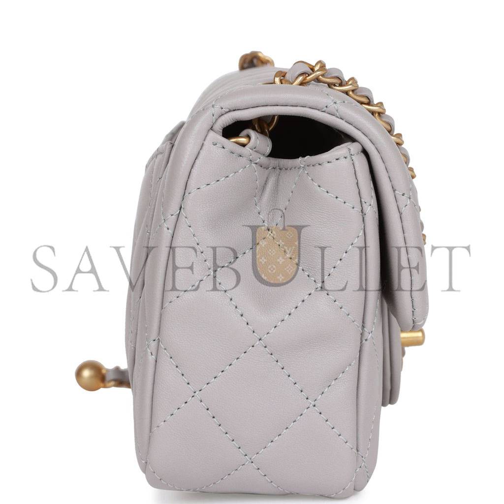 CHANEL PEARL CRUSH MINI RECTANGULAR FLAP BAG LIGHT GREY LAMBSKIN ANTIQUE GOLD HARDWARE (20*13*6cm) CHANEL PEARL CRUSH MINI RECTANGULAR FLAP BAG LIGHT GREY LAMBSKIN ANTIQUE GOLD HARDWARE (20*13*6cm)
