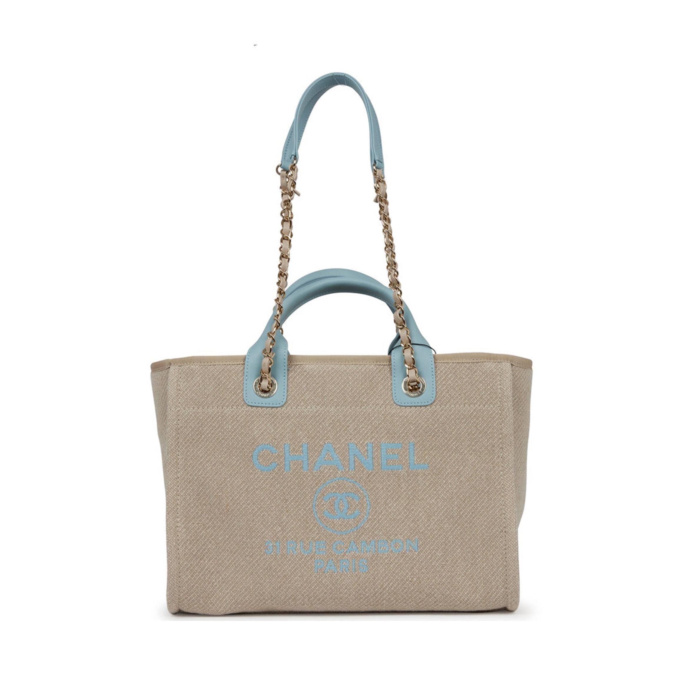 CHANEL SMALL DEAUVILLE SHOPPING BAG BLUE AND BEIGE BOUCLE LIGHT GOLD HARDWARE (34*27*15cm) CHANEL SMALL DEAUVILLE SHOPPING BAG BLUE AND BEIGE BOUCLE LIGHT GOLD HARDWARE (34*27*15cm)