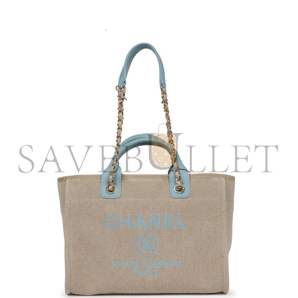 CHANEL SMALL DEAUVILLE SHOPPING BAG BLUE AND BEIGE BOUCLE LIGHT GOLD HARDWARE (34*27*15cm) CHANEL SMALL DEAUVILLE SHOPPING BAG BLUE AND BEIGE BOUCLE LIGHT GOLD HARDWARE (34*27*15cm)