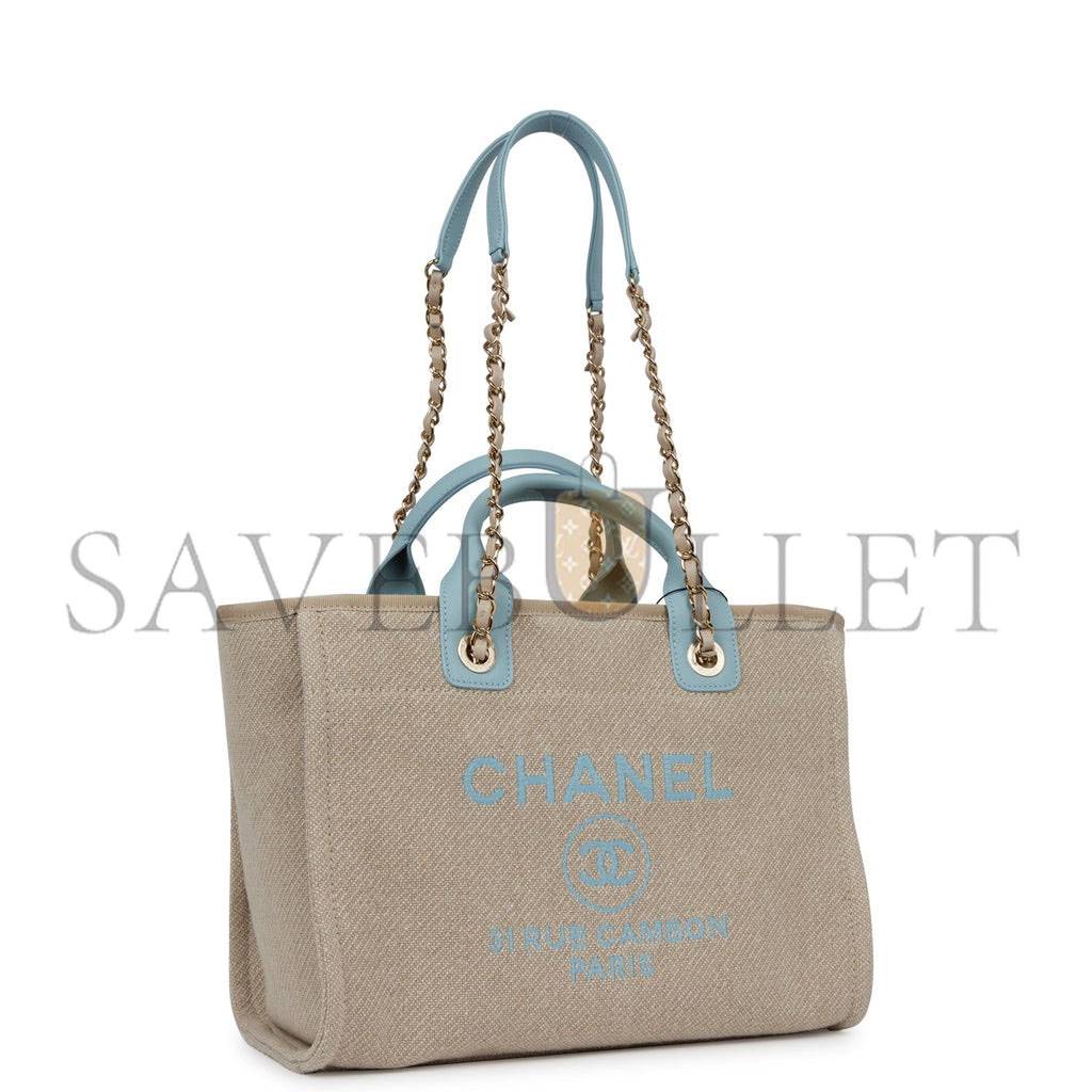 CHANEL SMALL DEAUVILLE SHOPPING BAG BLUE AND BEIGE BOUCLE LIGHT GOLD HARDWARE (34*27*15cm) CHANEL SMALL DEAUVILLE SHOPPING BAG BLUE AND BEIGE BOUCLE LIGHT GOLD HARDWARE (34*27*15cm)