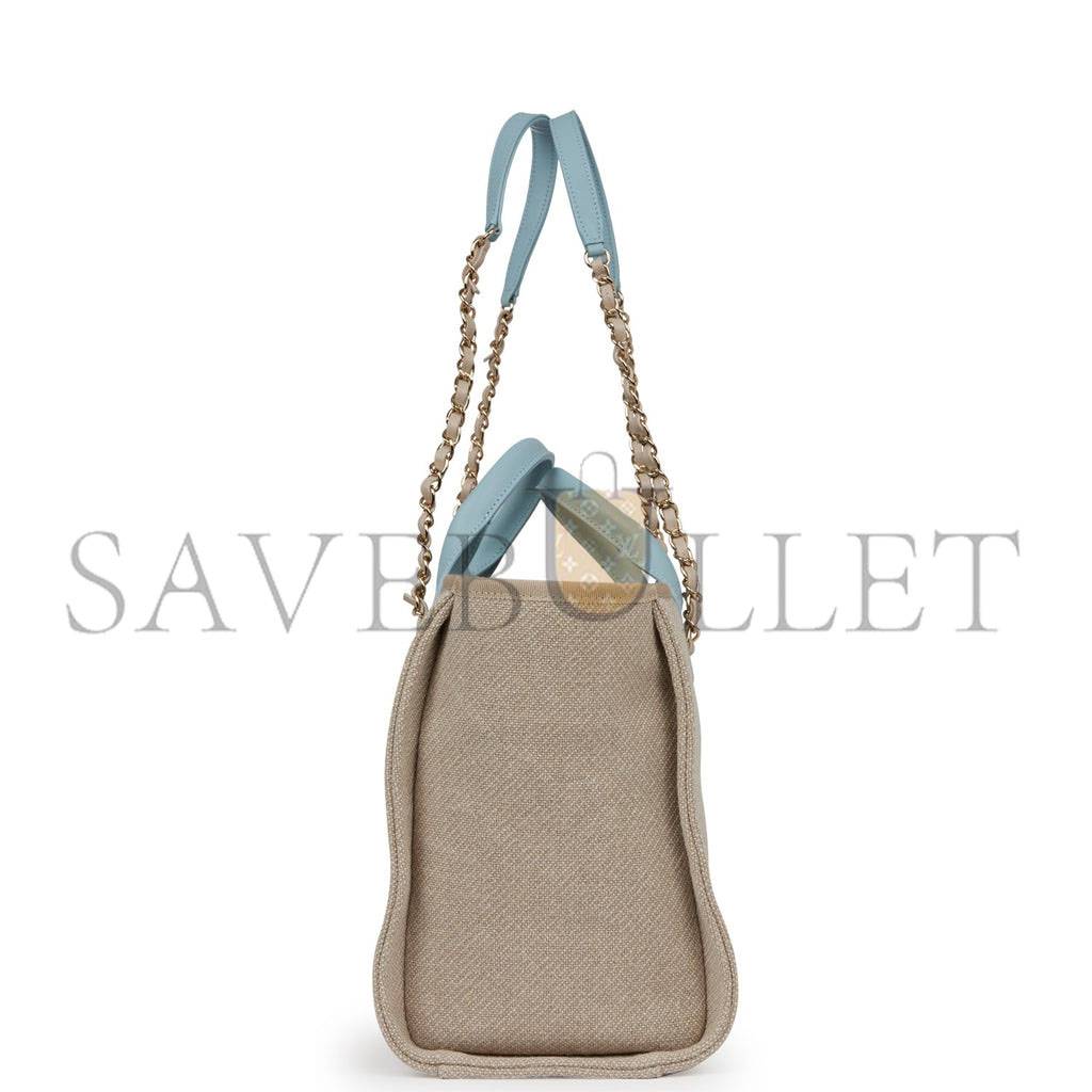 CHANEL SMALL DEAUVILLE SHOPPING BAG BLUE AND BEIGE BOUCLE LIGHT GOLD HARDWARE (34*27*15cm) CHANEL SMALL DEAUVILLE SHOPPING BAG BLUE AND BEIGE BOUCLE LIGHT GOLD HARDWARE (34*27*15cm)