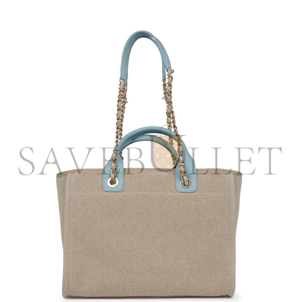 CHANEL SMALL DEAUVILLE SHOPPING BAG BLUE AND BEIGE BOUCLE LIGHT GOLD HARDWARE (34*27*15cm) CHANEL SMALL DEAUVILLE SHOPPING BAG BLUE AND BEIGE BOUCLE LIGHT GOLD HARDWARE (34*27*15cm)
