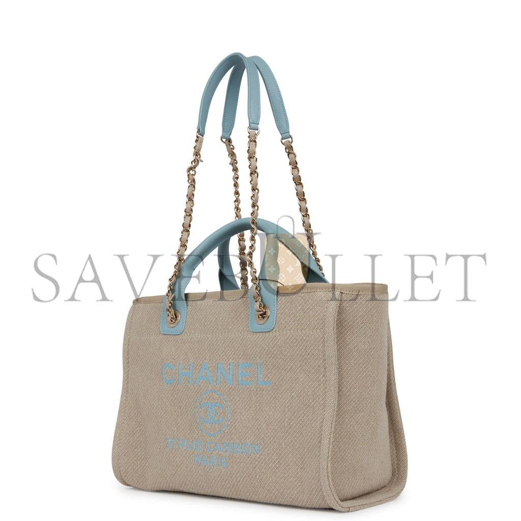 CHANEL SMALL DEAUVILLE SHOPPING BAG BLUE AND BEIGE BOUCLE LIGHT GOLD HARDWARE (34*27*15cm) CHANEL SMALL DEAUVILLE SHOPPING BAG BLUE AND BEIGE BOUCLE LIGHT GOLD HARDWARE (34*27*15cm)