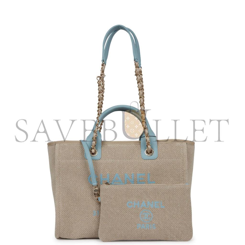 CHANEL SMALL DEAUVILLE SHOPPING BAG BLUE AND BEIGE BOUCLE LIGHT GOLD HARDWARE (34*27*15cm) CHANEL SMALL DEAUVILLE SHOPPING BAG BLUE AND BEIGE BOUCLE LIGHT GOLD HARDWARE (34*27*15cm)