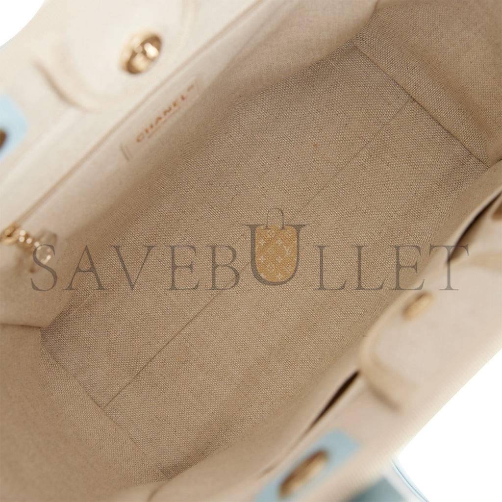 CHANEL SMALL DEAUVILLE SHOPPING BAG BLUE AND BEIGE BOUCLE LIGHT GOLD HARDWARE (34*27*15cm) CHANEL SMALL DEAUVILLE SHOPPING BAG BLUE AND BEIGE BOUCLE LIGHT GOLD HARDWARE (34*27*15cm)