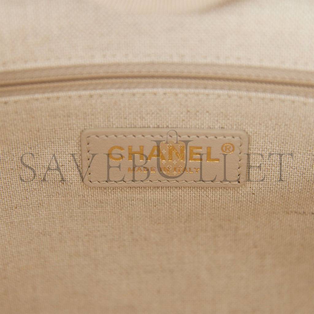 CHANEL SMALL DEAUVILLE SHOPPING BAG BLUE AND BEIGE BOUCLE LIGHT GOLD HARDWARE (34*27*15cm) CHANEL SMALL DEAUVILLE SHOPPING BAG BLUE AND BEIGE BOUCLE LIGHT GOLD HARDWARE (34*27*15cm)