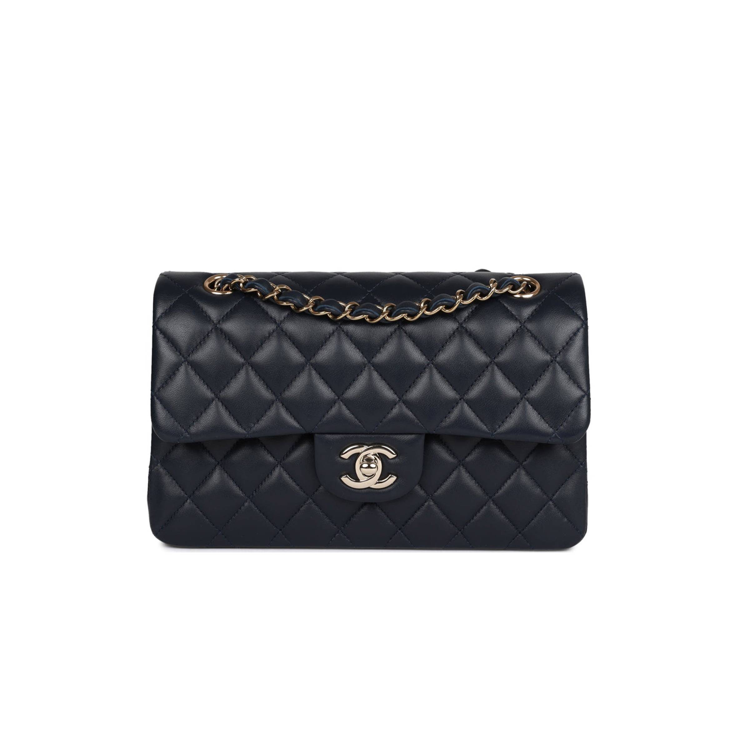 CHANEL SMALL CLASSIC DOUBLE FLAP NAVY LAMBSKIN LIGHT GOLD HARDWARE (23*13*6cm) CHANEL SMALL CLASSIC DOUBLE FLAP NAVY LAMBSKIN LIGHT GOLD HARDWARE (23*13*6cm)