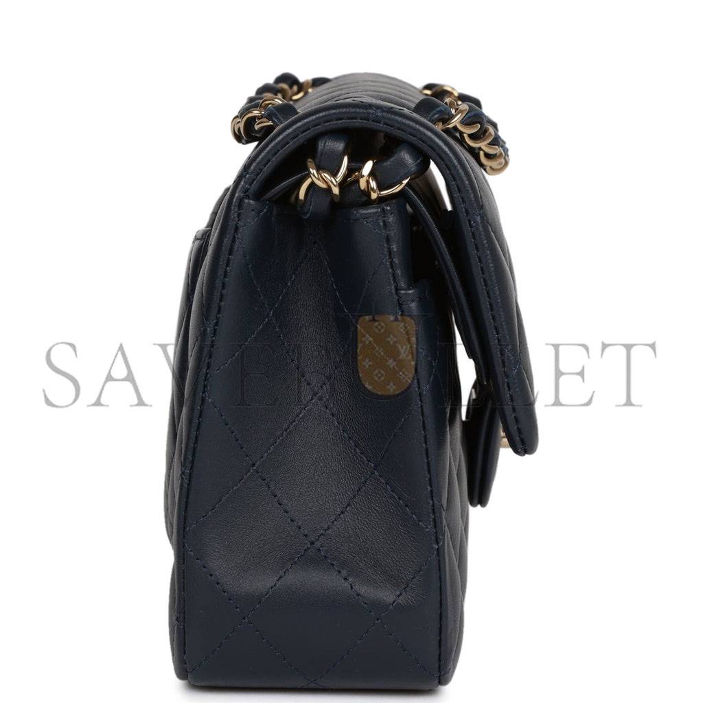 CHANEL SMALL CLASSIC DOUBLE FLAP NAVY LAMBSKIN LIGHT GOLD HARDWARE (23*13*6cm) CHANEL SMALL CLASSIC DOUBLE FLAP NAVY LAMBSKIN LIGHT GOLD HARDWARE (23*13*6cm)