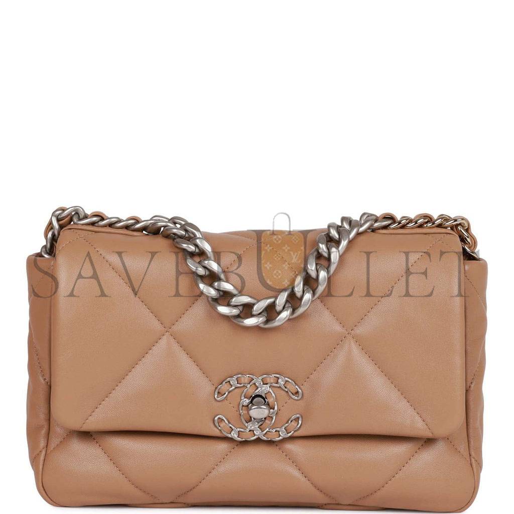 CHANEL MEDIUM 19 FLAP BAG BEIGE CALFSKIN MIXED HARDWARE (25*16*9cm) CHANEL MEDIUM 19 FLAP BAG BEIGE CALFSKIN MIXED HARDWARE (25*16*9cm)