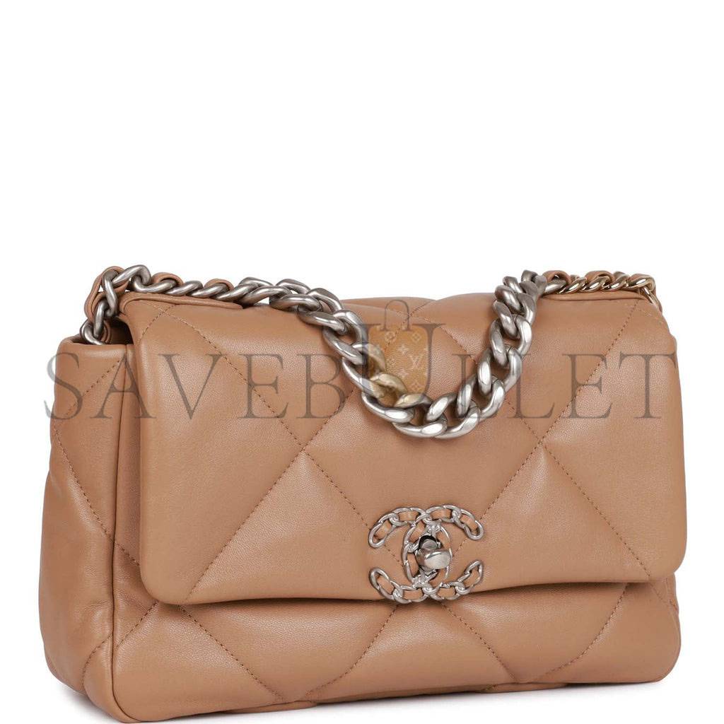 CHANEL MEDIUM 19 FLAP BAG BEIGE CALFSKIN MIXED HARDWARE (25*16*9cm) CHANEL MEDIUM 19 FLAP BAG BEIGE CALFSKIN MIXED HARDWARE (25*16*9cm)