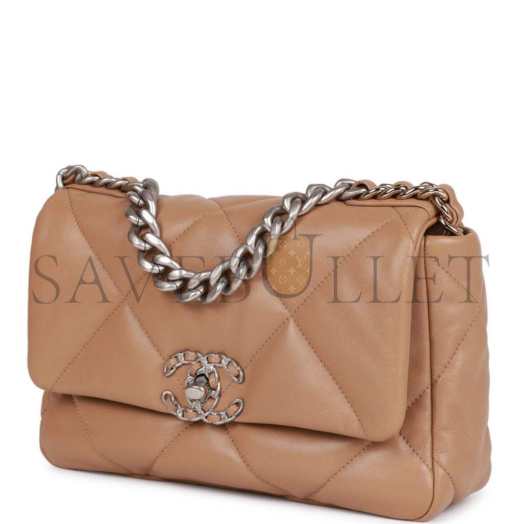 CHANEL MEDIUM 19 FLAP BAG BEIGE CALFSKIN MIXED HARDWARE (25*16*9cm) CHANEL MEDIUM 19 FLAP BAG BEIGE CALFSKIN MIXED HARDWARE (25*16*9cm)