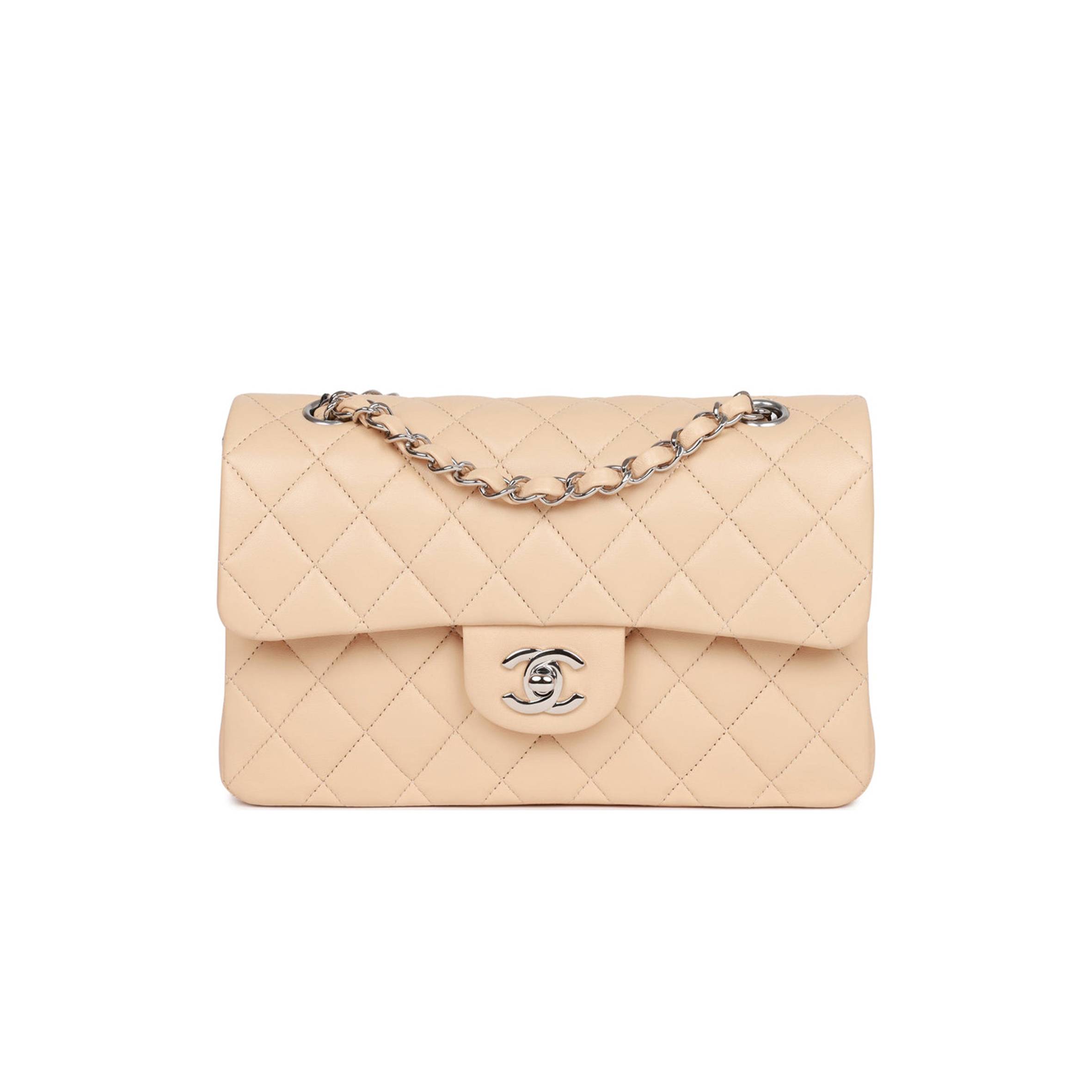CHANEL SMALL CLASSIC DOUBLE FLAP BEIGE LAMBSKIN SILVER HARDWARE (23*13*6cm) CHANEL SMALL CLASSIC DOUBLE FLAP BEIGE LAMBSKIN SILVER HARDWARE (23*13*6cm)