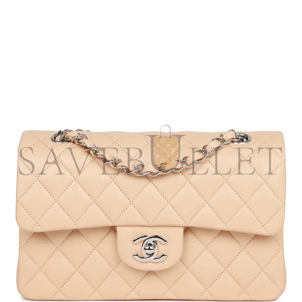 CHANEL SMALL CLASSIC DOUBLE FLAP BEIGE LAMBSKIN SILVER HARDWARE (23*13*6cm) CHANEL SMALL CLASSIC DOUBLE FLAP BEIGE LAMBSKIN SILVER HARDWARE (23*13*6cm)