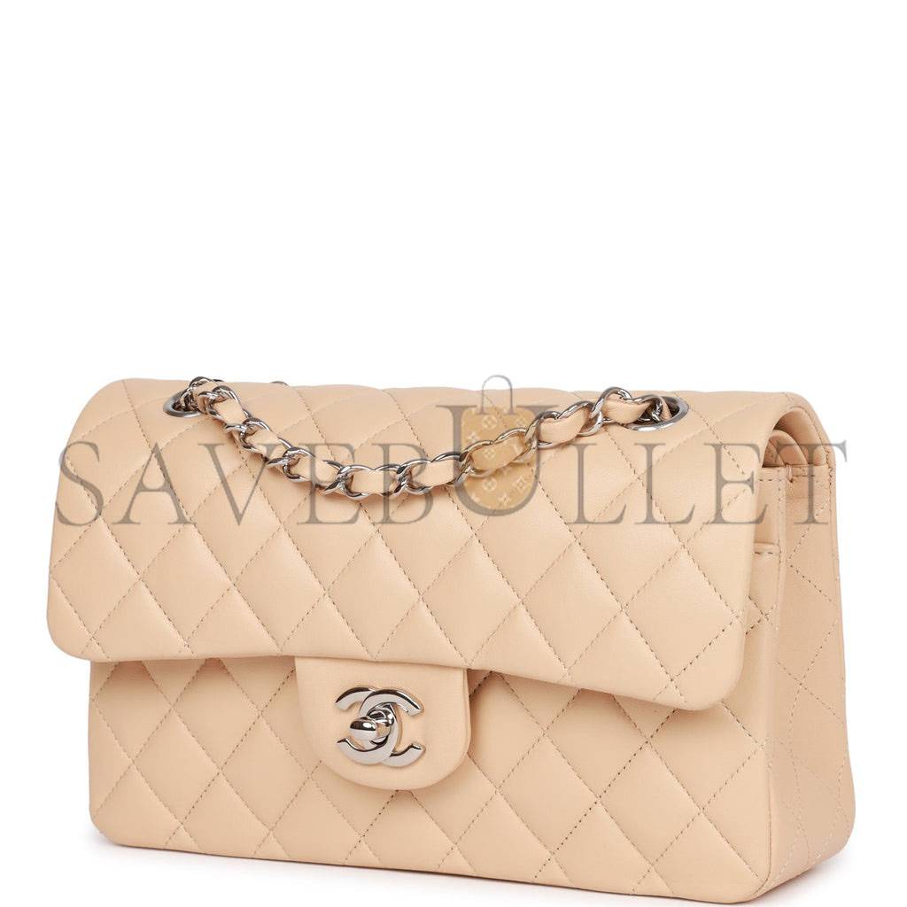 CHANEL SMALL CLASSIC DOUBLE FLAP BEIGE LAMBSKIN SILVER HARDWARE (23*13*6cm) CHANEL SMALL CLASSIC DOUBLE FLAP BEIGE LAMBSKIN SILVER HARDWARE (23*13*6cm)