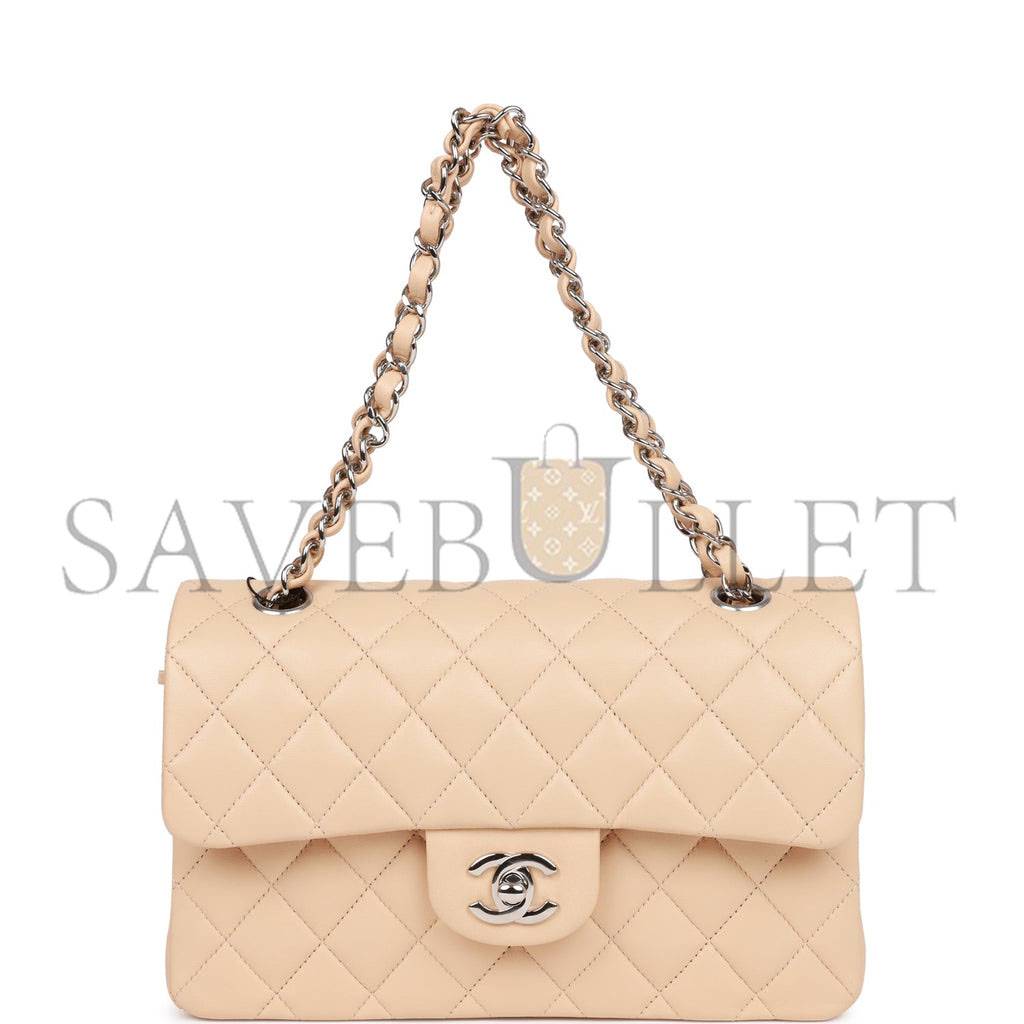 CHANEL SMALL CLASSIC DOUBLE FLAP BEIGE LAMBSKIN SILVER HARDWARE (23*13*6cm) CHANEL SMALL CLASSIC DOUBLE FLAP BEIGE LAMBSKIN SILVER HARDWARE (23*13*6cm)
