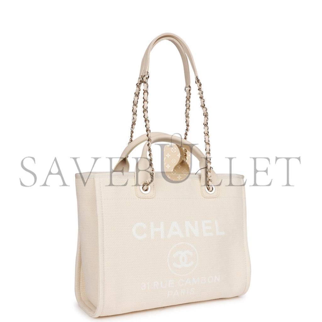 CHANEL LARGE DEAUVILLE SHOPPING BAG WHITE BOUCLE LIGHT GOLD HARDWARE (41*28*15cm) CHANEL LARGE DEAUVILLE SHOPPING BAG WHITE BOUCLE LIGHT GOLD HARDWARE (41*28*15cm)