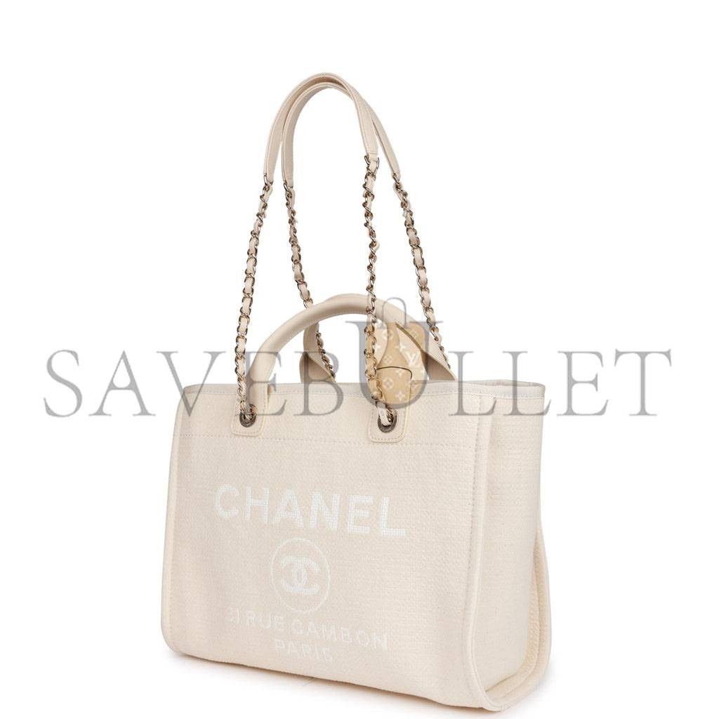 CHANEL LARGE DEAUVILLE SHOPPING BAG WHITE BOUCLE LIGHT GOLD HARDWARE (41*28*15cm) CHANEL LARGE DEAUVILLE SHOPPING BAG WHITE BOUCLE LIGHT GOLD HARDWARE (41*28*15cm)