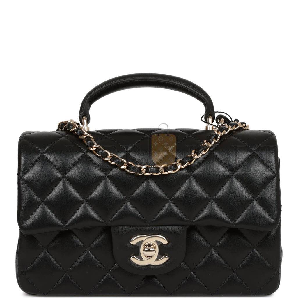 CHANEL MINI RECTANGULAR FLAP BAG WITH TOP HANDLE BLACK LAMBSKIN LIGHT GOLD HARDWARE (22*15*8cm) CHANEL MINI RECTANGULAR FLAP BAG WITH TOP HANDLE BLACK LAMBSKIN LIGHT GOLD HARDWARE (22*15*8cm)