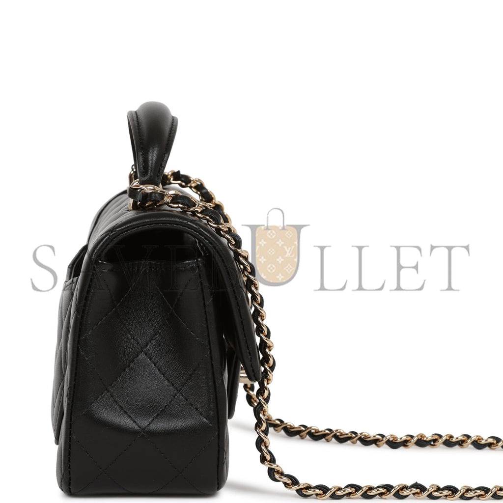 CHANEL MINI RECTANGULAR FLAP BAG WITH TOP HANDLE BLACK LAMBSKIN LIGHT GOLD HARDWARE (22*15*8cm) CHANEL MINI RECTANGULAR FLAP BAG WITH TOP HANDLE BLACK LAMBSKIN LIGHT GOLD HARDWARE (22*15*8cm)