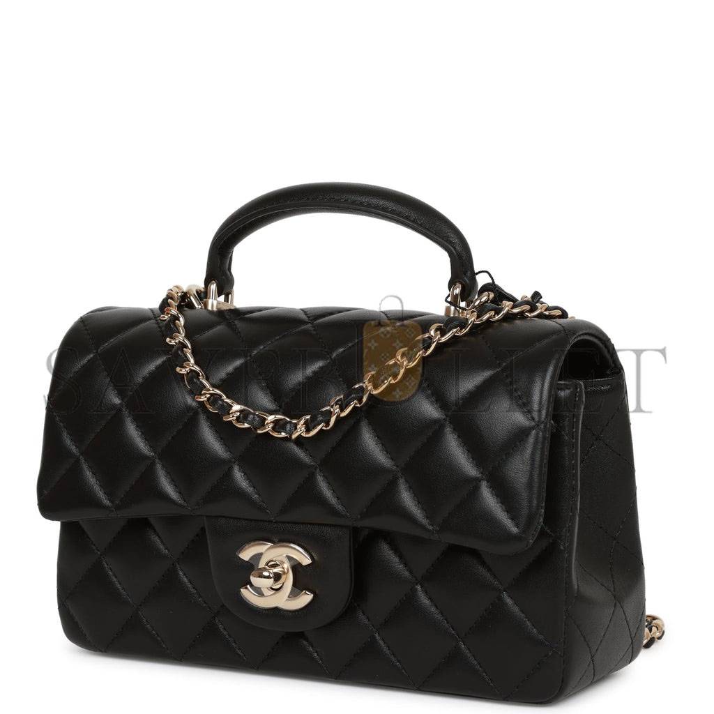 CHANEL MINI RECTANGULAR FLAP BAG WITH TOP HANDLE BLACK LAMBSKIN LIGHT GOLD HARDWARE (22*15*8cm) CHANEL MINI RECTANGULAR FLAP BAG WITH TOP HANDLE BLACK LAMBSKIN LIGHT GOLD HARDWARE (22*15*8cm)