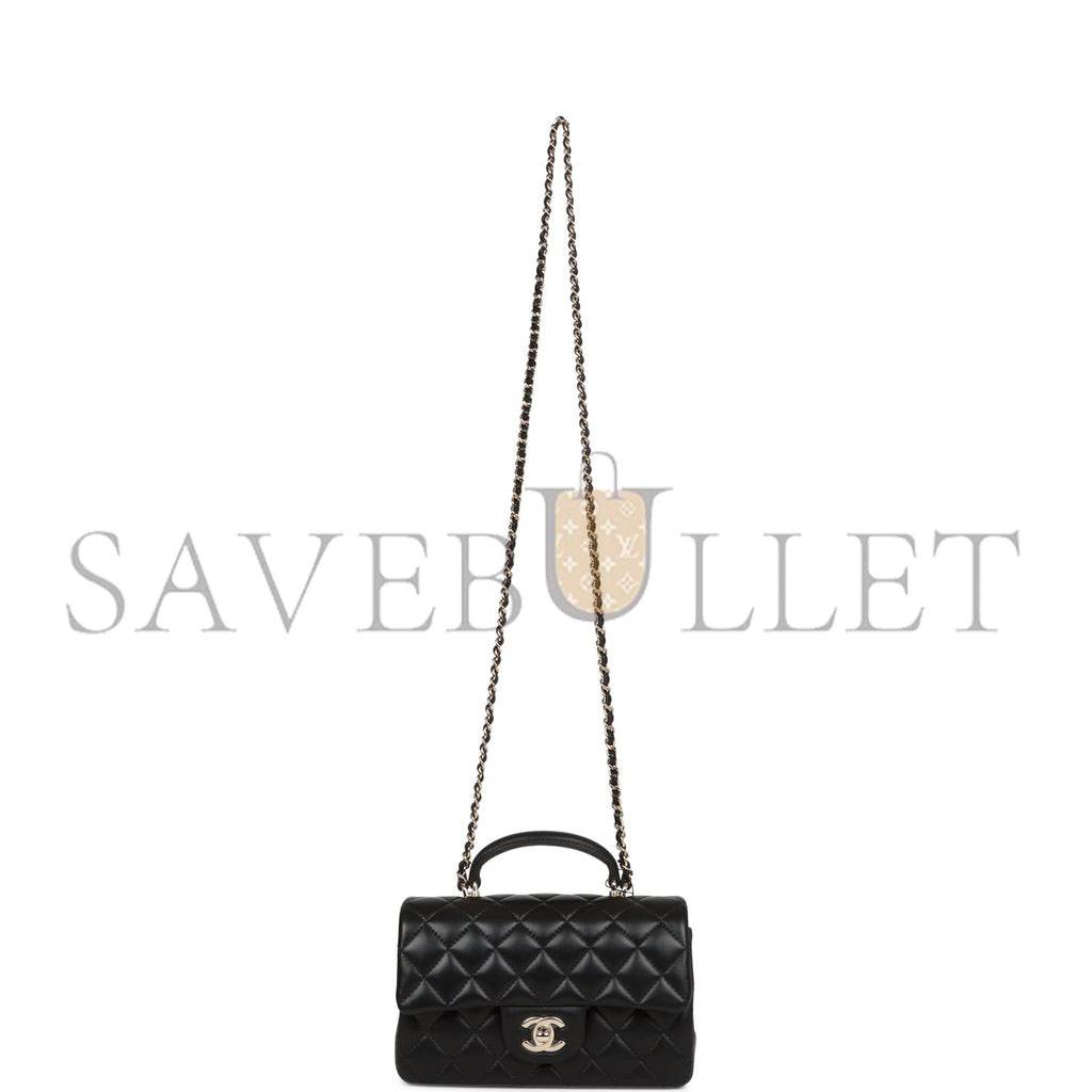CHANEL MINI RECTANGULAR FLAP BAG WITH TOP HANDLE BLACK LAMBSKIN LIGHT GOLD HARDWARE (22*15*8cm) CHANEL MINI RECTANGULAR FLAP BAG WITH TOP HANDLE BLACK LAMBSKIN LIGHT GOLD HARDWARE (22*15*8cm)