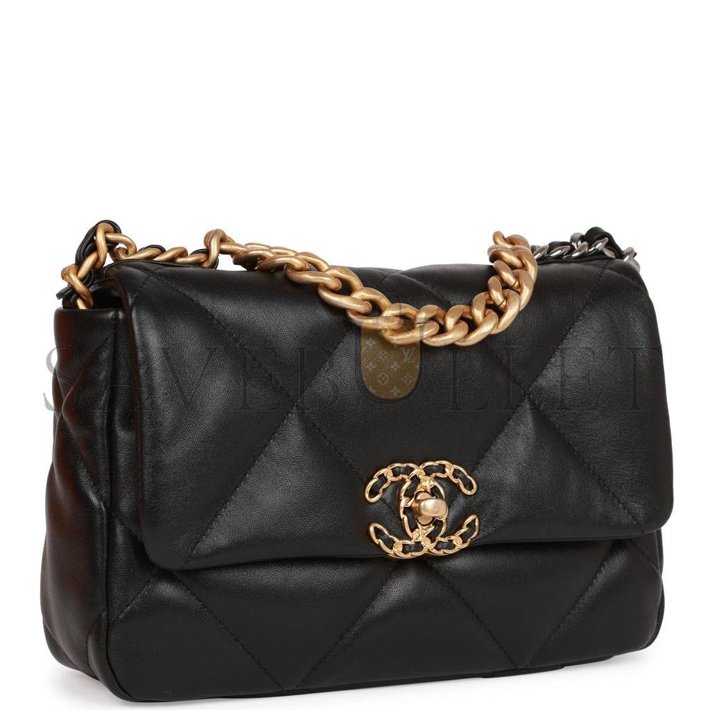 CHANEL MEDIUM 19 FLAP BAG BLACK LAMBSKIN MIXED HARDWARE (25*16*9cm) CHANEL MEDIUM 19 FLAP BAG BLACK LAMBSKIN MIXED HARDWARE (25*16*9cm)