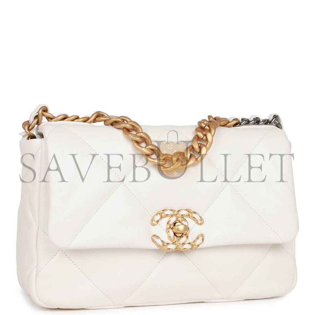 CHANEL MEDIUM 19 FLAP BAG WHITE CALFSKIN MIXED HARDWARE (25*16*9cm) CHANEL MEDIUM 19 FLAP BAG WHITE CALFSKIN MIXED HARDWARE (25*16*9cm)