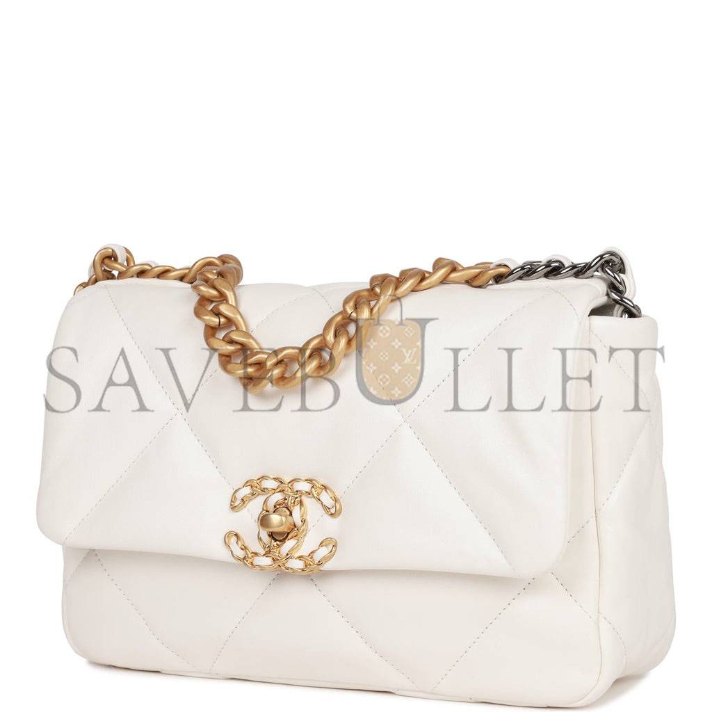 CHANEL MEDIUM 19 FLAP BAG WHITE CALFSKIN MIXED HARDWARE (25*16*9cm) CHANEL MEDIUM 19 FLAP BAG WHITE CALFSKIN MIXED HARDWARE (25*16*9cm)