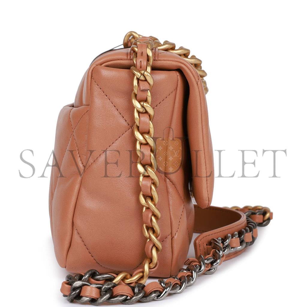 CHANEL MEDIUM 19 FLAP BAG CARAMEL CALFSKIN MIXED HARDWARE (25*16*9cm) CHANEL MEDIUM 19 FLAP BAG CARAMEL CALFSKIN MIXED HARDWARE (25*16*9cm)