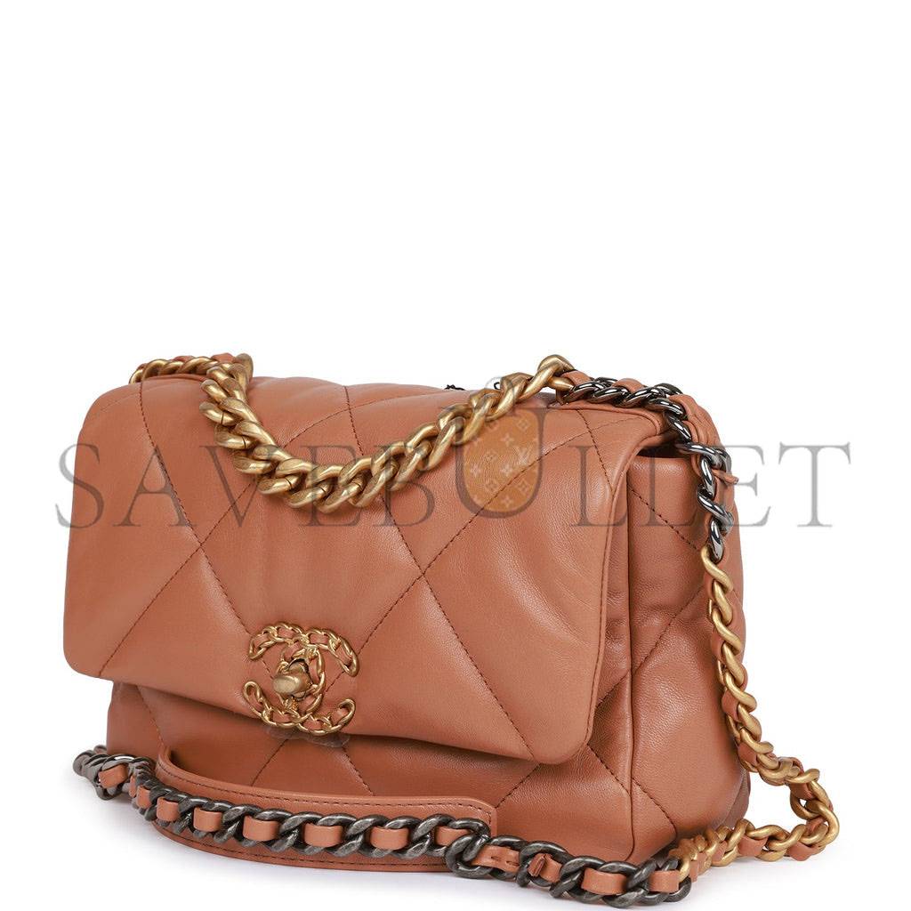 CHANEL MEDIUM 19 FLAP BAG CARAMEL CALFSKIN MIXED HARDWARE (25*16*9cm) CHANEL MEDIUM 19 FLAP BAG CARAMEL CALFSKIN MIXED HARDWARE (25*16*9cm)
