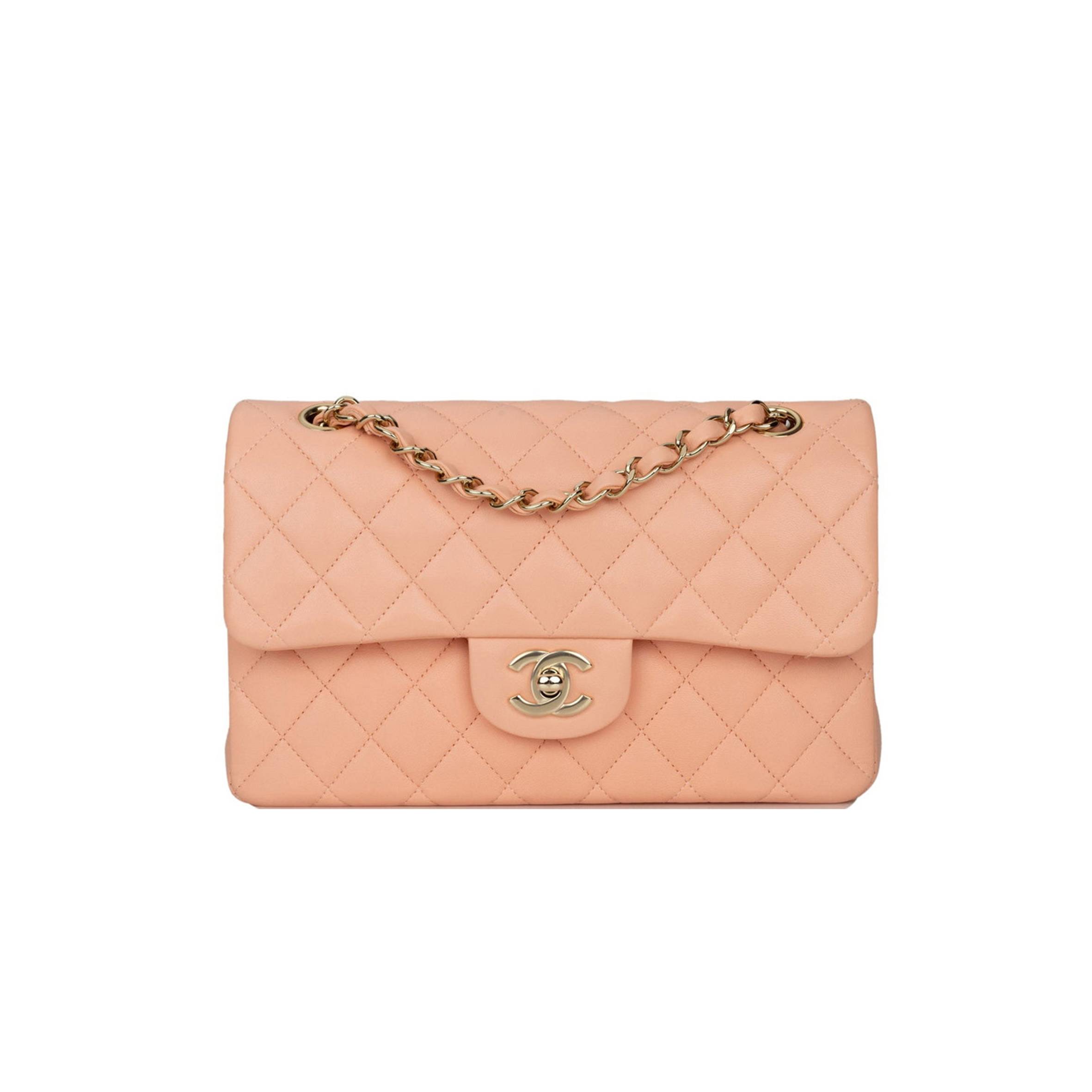 CHANEL SMALL CLASSIC DOUBLE FLAP PEACH LAMBSKIN LIGHT GOLD HARDWARE (23*13*6cm) CHANEL SMALL CLASSIC DOUBLE FLAP PEACH LAMBSKIN LIGHT GOLD HARDWARE (23*13*6cm)