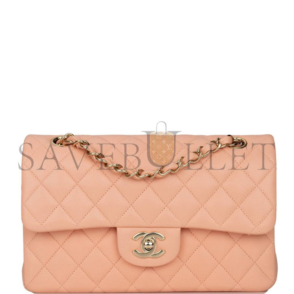 CHANEL SMALL CLASSIC DOUBLE FLAP PEACH LAMBSKIN LIGHT GOLD HARDWARE (23*13*6cm) CHANEL SMALL CLASSIC DOUBLE FLAP PEACH LAMBSKIN LIGHT GOLD HARDWARE (23*13*6cm)
