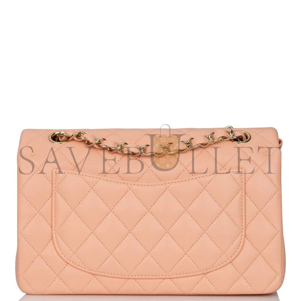 CHANEL SMALL CLASSIC DOUBLE FLAP PEACH LAMBSKIN LIGHT GOLD HARDWARE (23*13*6cm) CHANEL SMALL CLASSIC DOUBLE FLAP PEACH LAMBSKIN LIGHT GOLD HARDWARE (23*13*6cm)