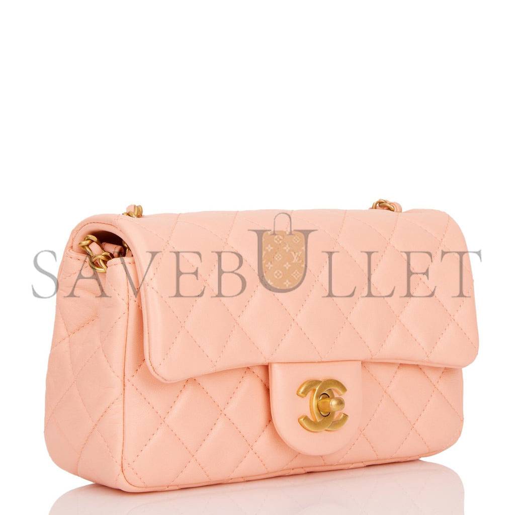CHANEL PEARL CRUSH MINI RECTANGULAR FLAP BAG PEACH LAMBSKIN ANTIQUE GOLD HARDWARE (20*13*6cm) CHANEL PEARL CRUSH MINI RECTANGULAR FLAP BAG PEACH LAMBSKIN ANTIQUE GOLD HARDWARE (20*13*6cm)