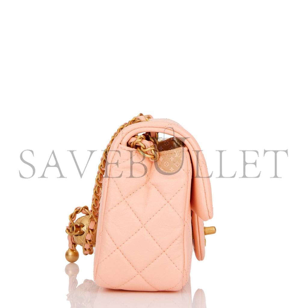 CHANEL PEARL CRUSH MINI RECTANGULAR FLAP BAG PEACH LAMBSKIN ANTIQUE GOLD HARDWARE (20*13*6cm) CHANEL PEARL CRUSH MINI RECTANGULAR FLAP BAG PEACH LAMBSKIN ANTIQUE GOLD HARDWARE (20*13*6cm)