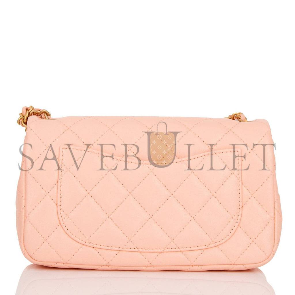 CHANEL PEARL CRUSH MINI RECTANGULAR FLAP BAG PEACH LAMBSKIN ANTIQUE GOLD HARDWARE (20*13*6cm) CHANEL PEARL CRUSH MINI RECTANGULAR FLAP BAG PEACH LAMBSKIN ANTIQUE GOLD HARDWARE (20*13*6cm)