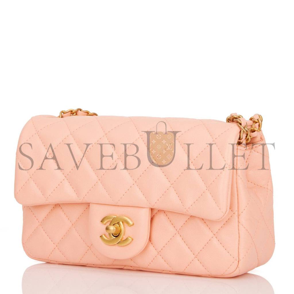 CHANEL PEARL CRUSH MINI RECTANGULAR FLAP BAG PEACH LAMBSKIN ANTIQUE GOLD HARDWARE (20*13*6cm) CHANEL PEARL CRUSH MINI RECTANGULAR FLAP BAG PEACH LAMBSKIN ANTIQUE GOLD HARDWARE (20*13*6cm)