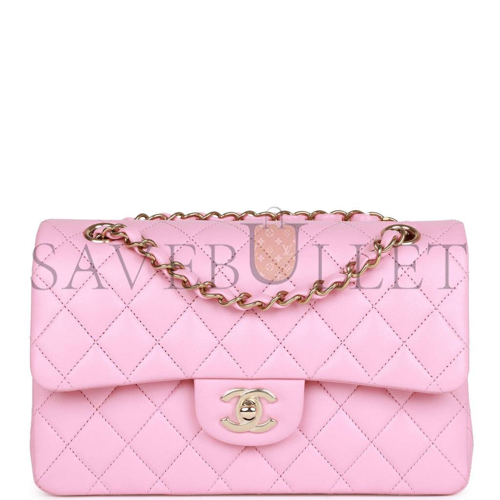 CHANEL SMALL CLASSIC DOUBLE FLAP PINK LAMBSKIN LIGHT GOLD HARDWARE (23*13*6cm) CHANEL SMALL CLASSIC DOUBLE FLAP PINK LAMBSKIN LIGHT GOLD HARDWARE (23*13*6cm)