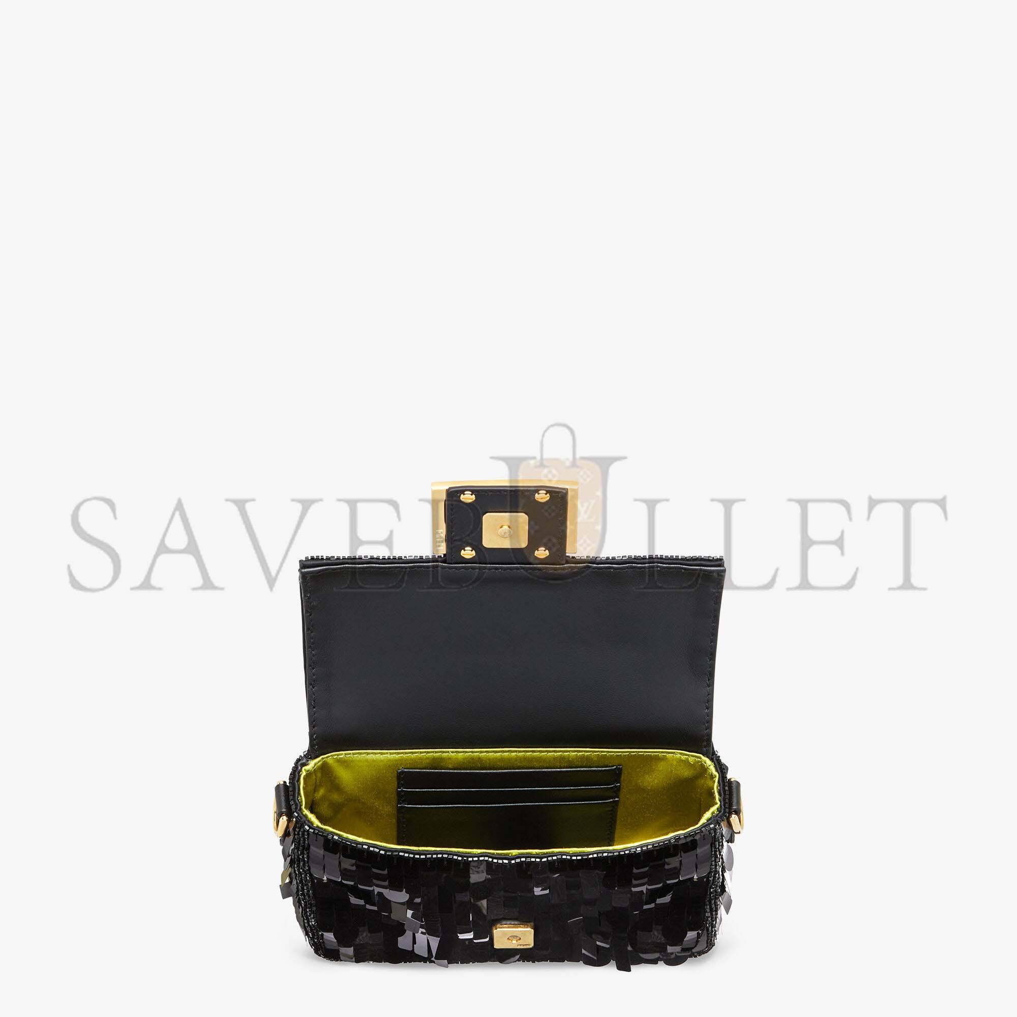 FENDI BAGUETTE MINI - BLACK SEQUIN AND LEATHER BAG 8BS017AMP0F0KUR (20*13*5cm) FENDI BAGUETTE MINI - BLACK SEQUIN AND LEATHER BAG 8BS017AMP0F0KUR (20*13*5cm)